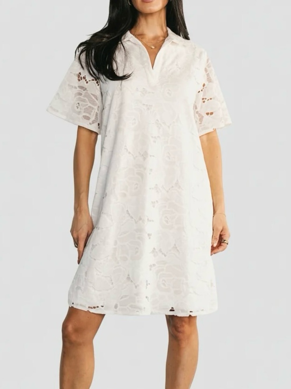 Baltic Born Calida Lace Shift Dress White Women’s Size Small V Neck Collar Mini